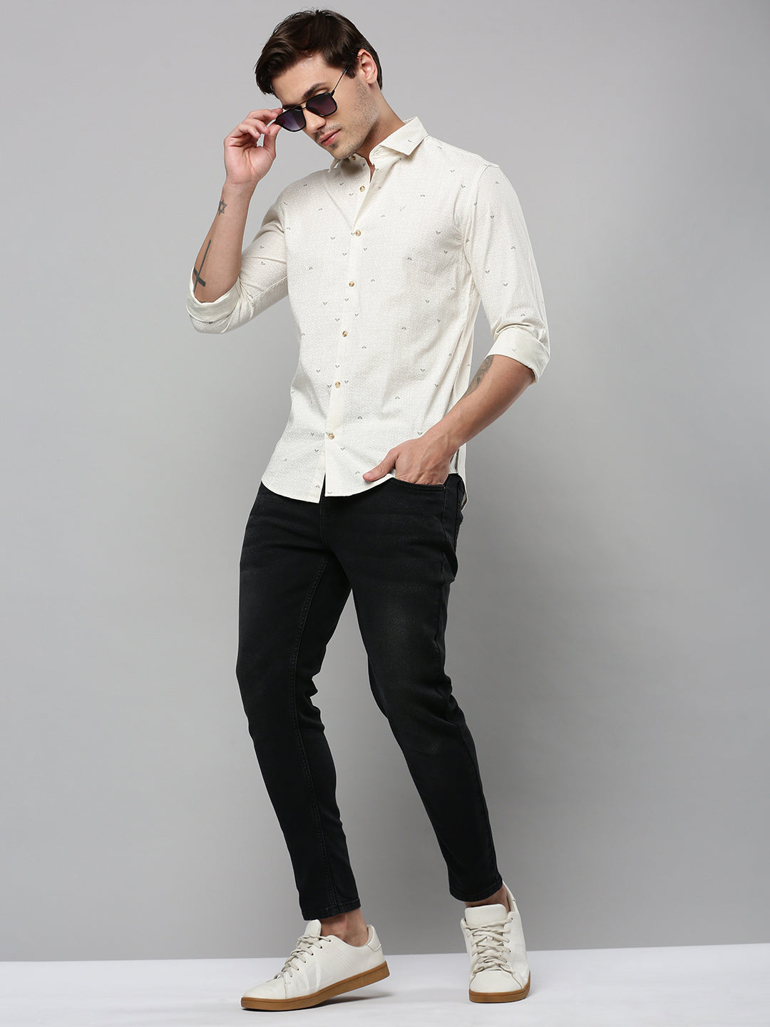 Men Cream Printed Casual Shirt