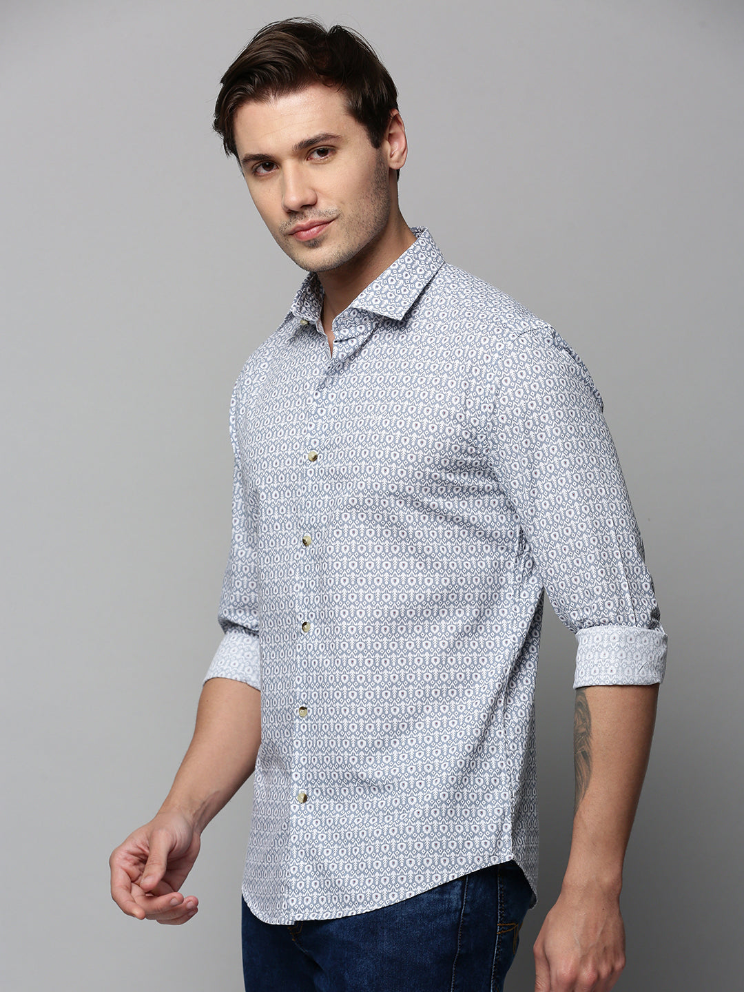 Men Grey Printed Casual Shirt