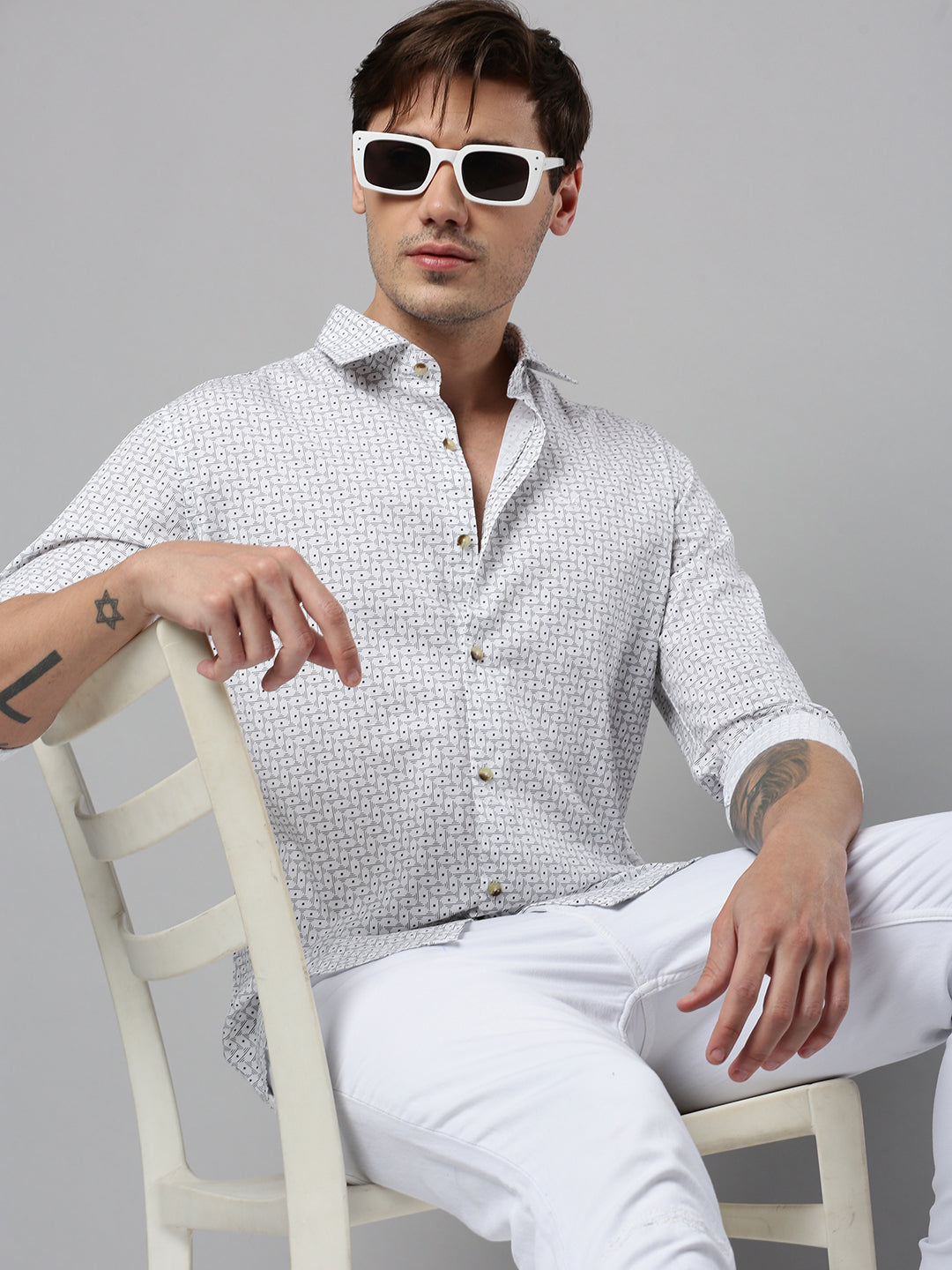 Men White Printed Casual Shirt