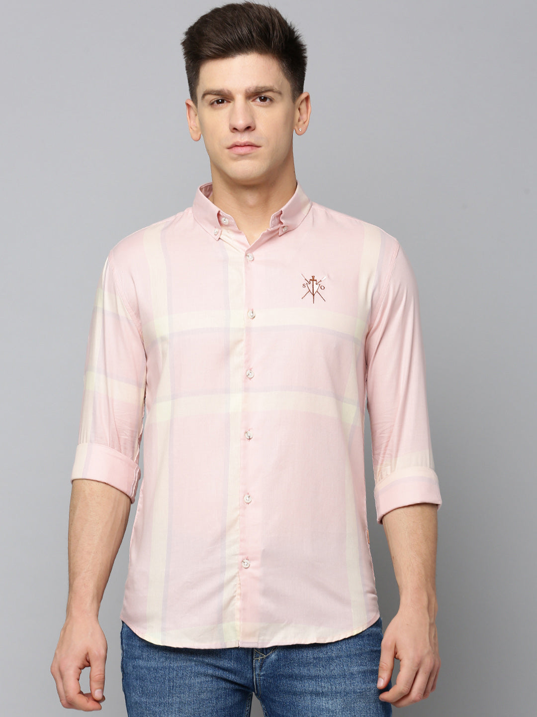 Men Peach Checked Casual Shirt