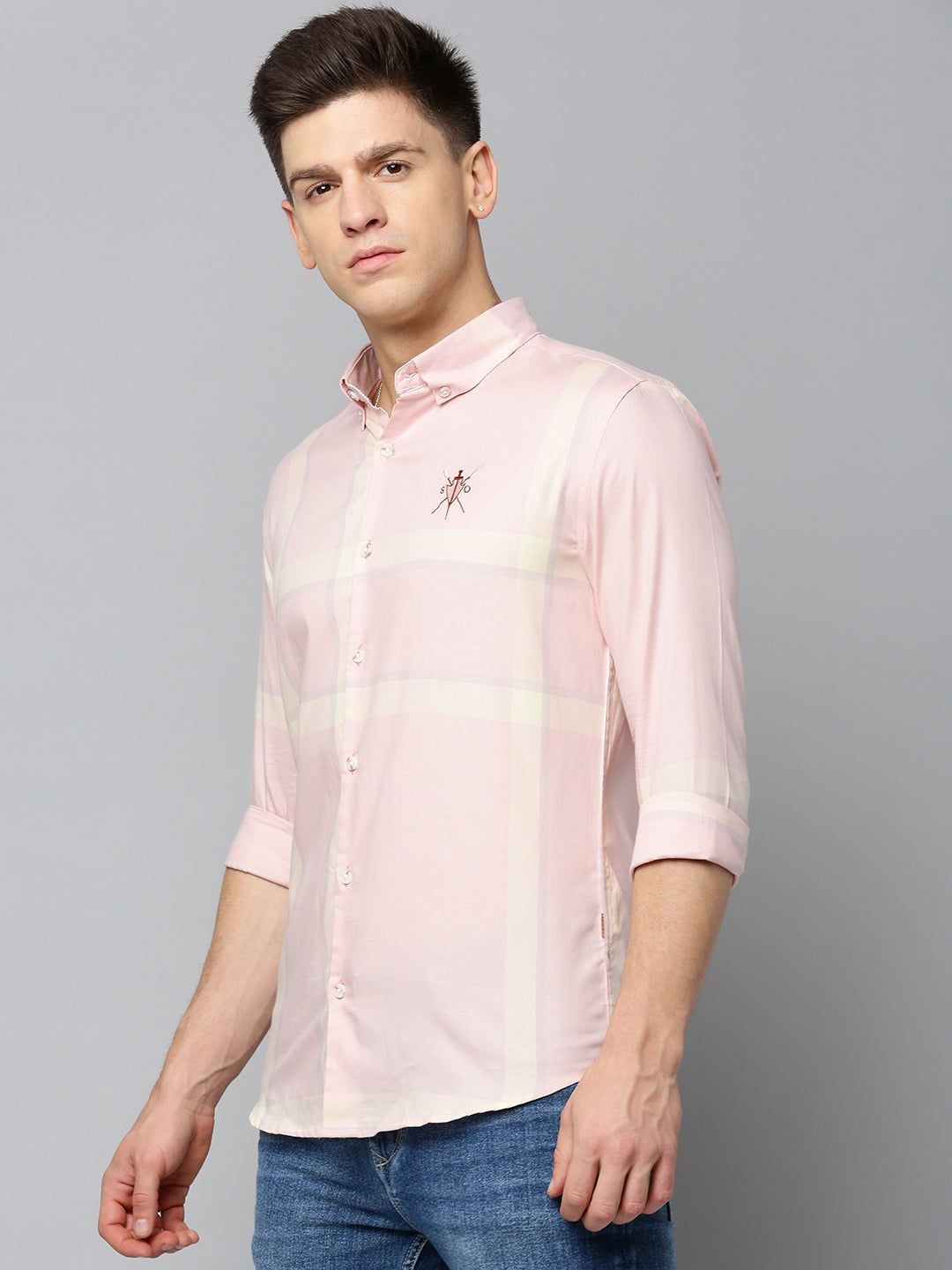 Men Peach Checked Casual Shirt