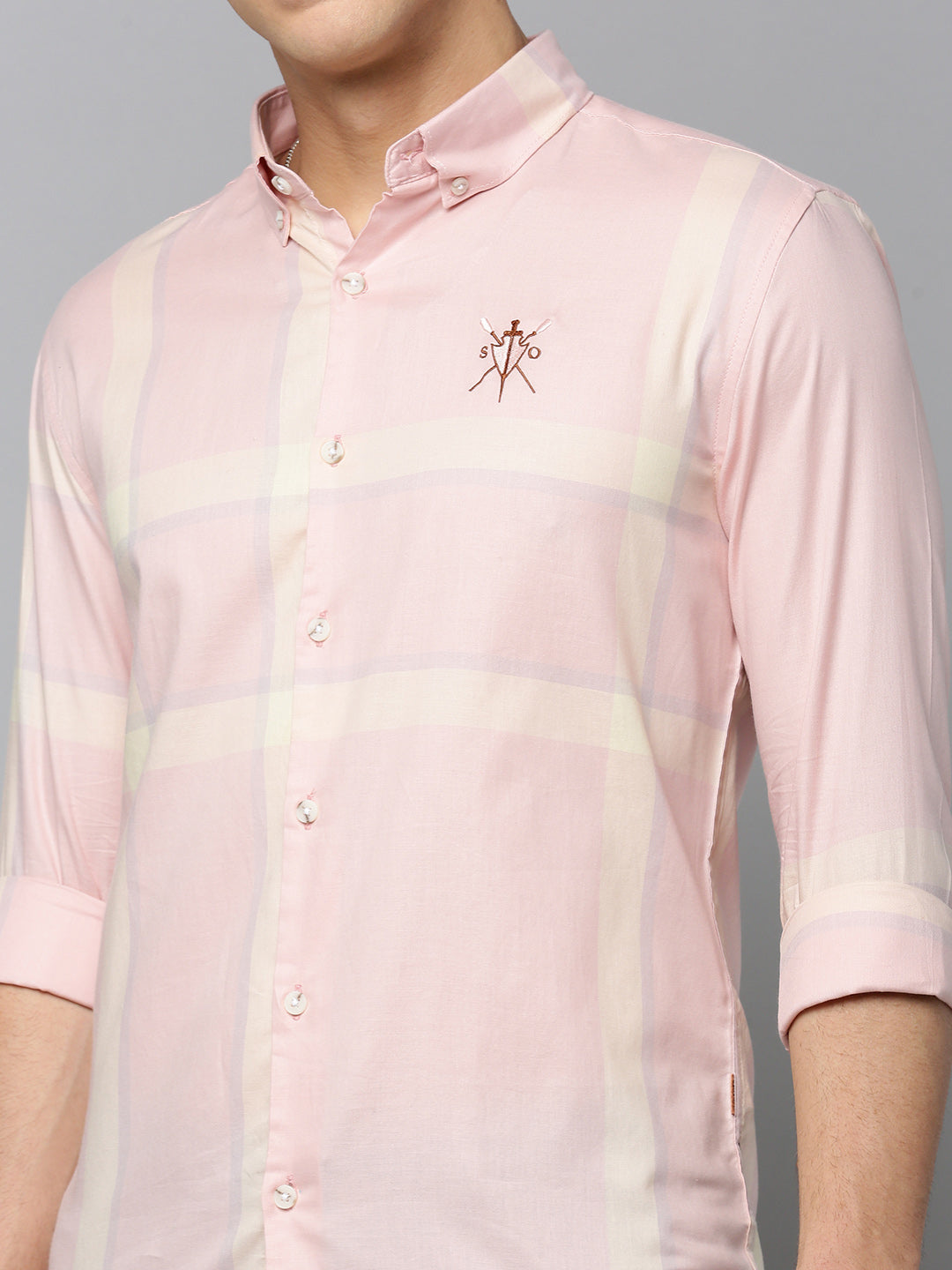 Men Peach Checked Casual Shirt