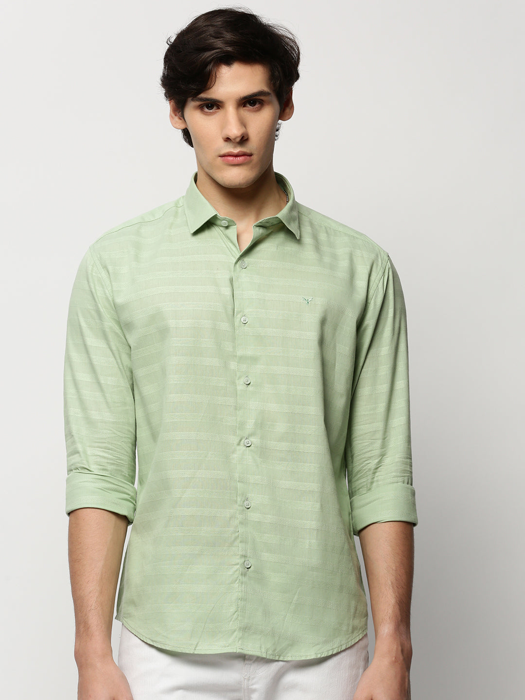 Men Green Striped Casual Casual Shirts