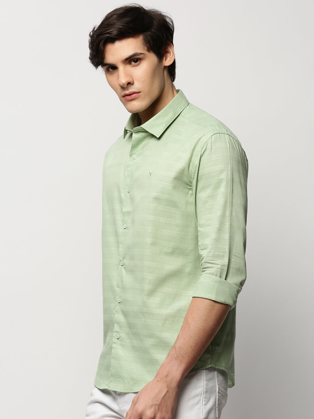 Men Green Striped Casual Casual Shirts