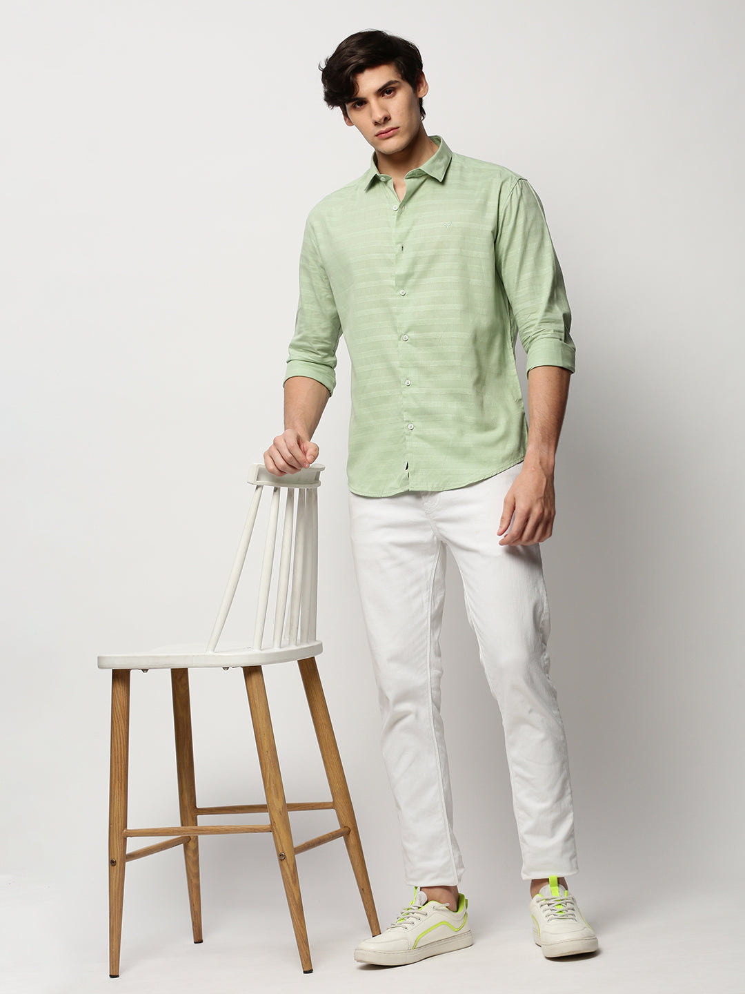 Men Green Striped Casual Casual Shirts