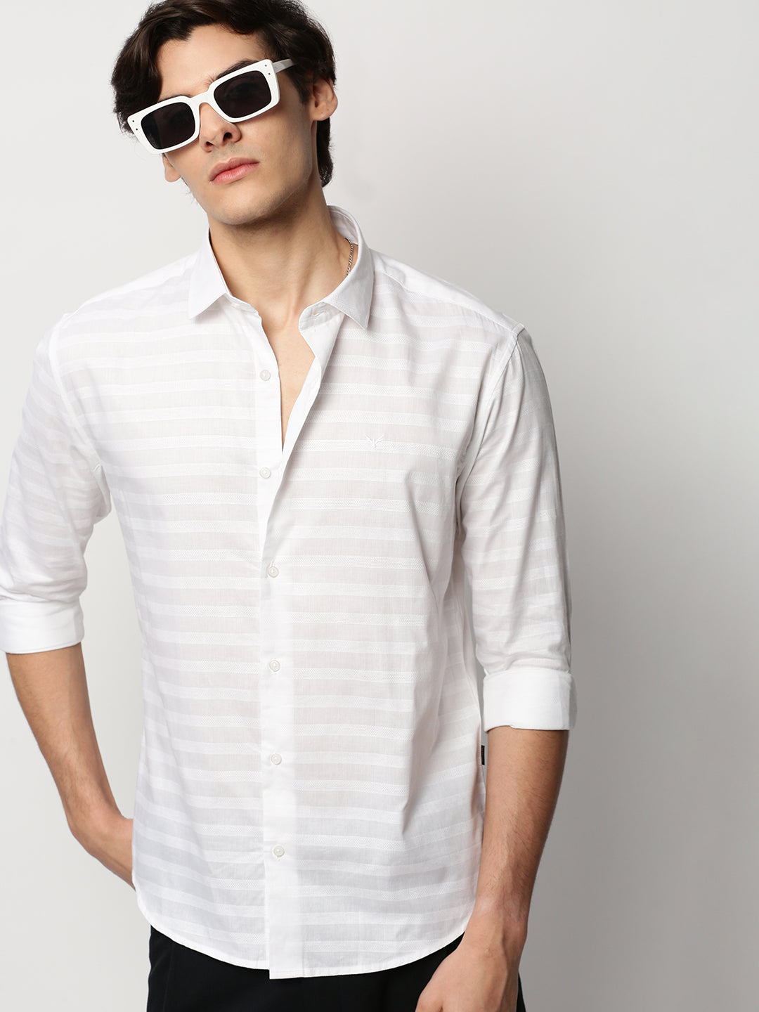 Men White Striped Casual Casual Shirts