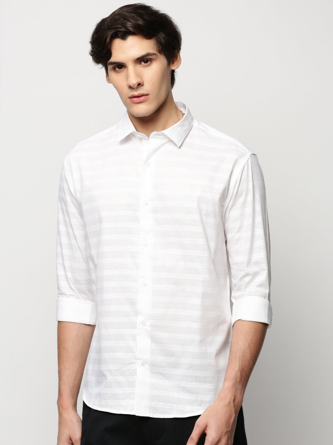 Men White Striped Casual Casual Shirts