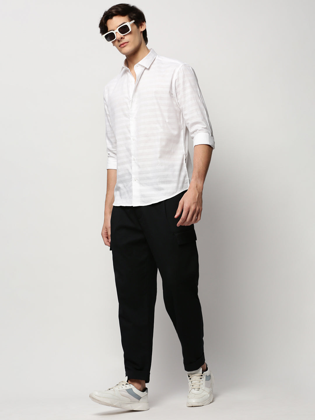 Men White Striped Casual Casual Shirts