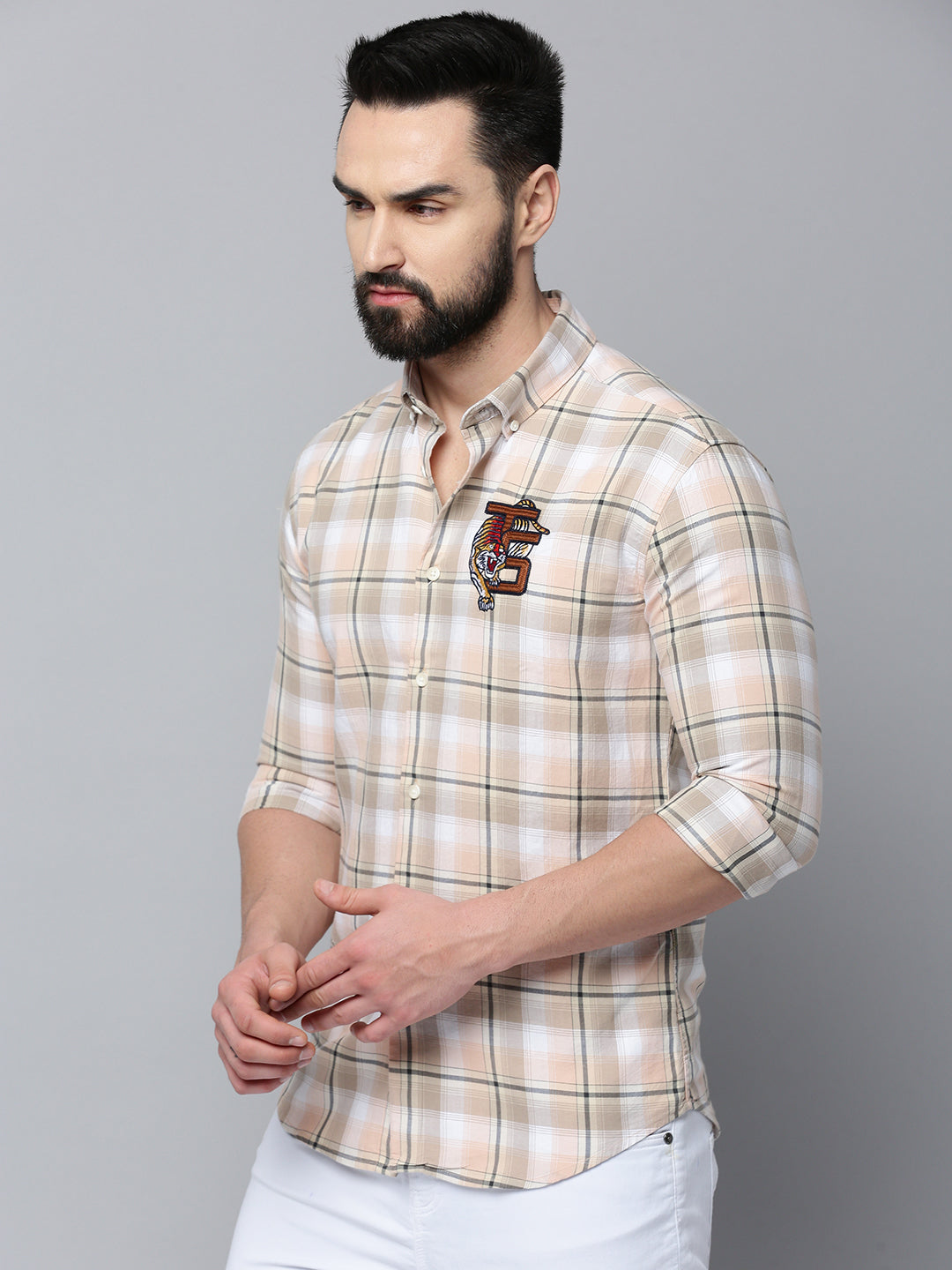 Men Beige Checked Casual Shirt