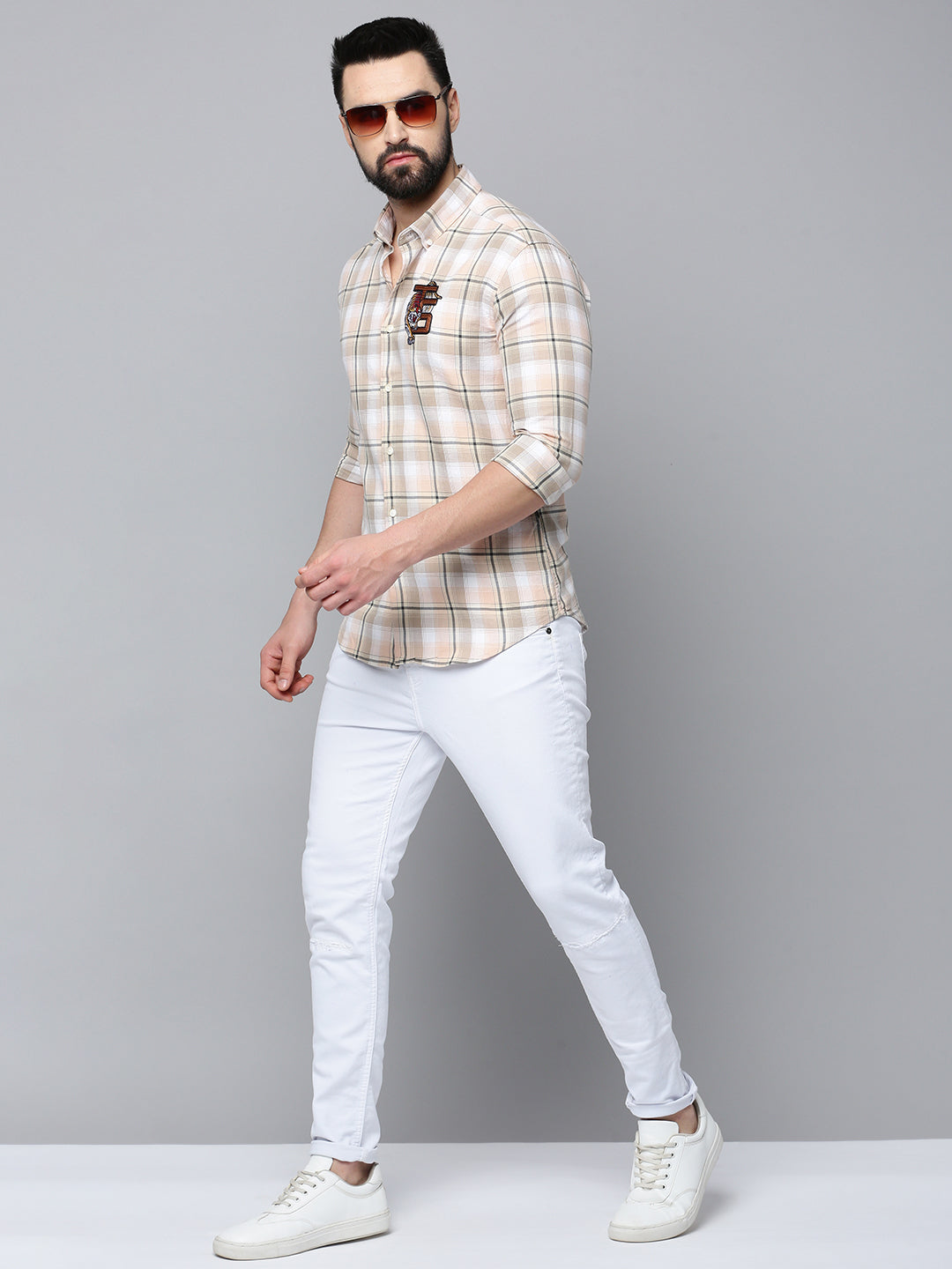 Men Beige Checked Casual Shirt