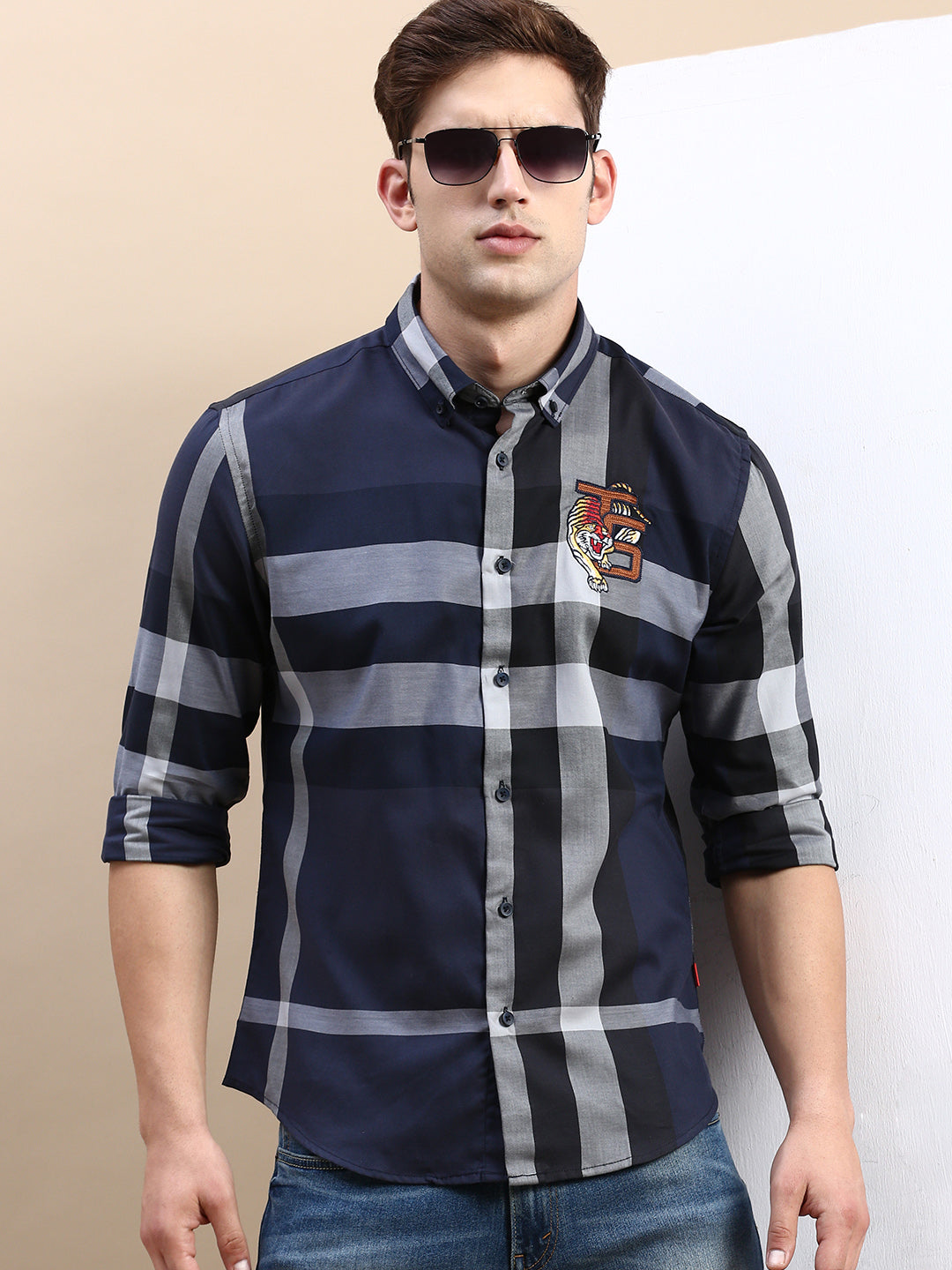 Men Navy Checked Casual Shirt