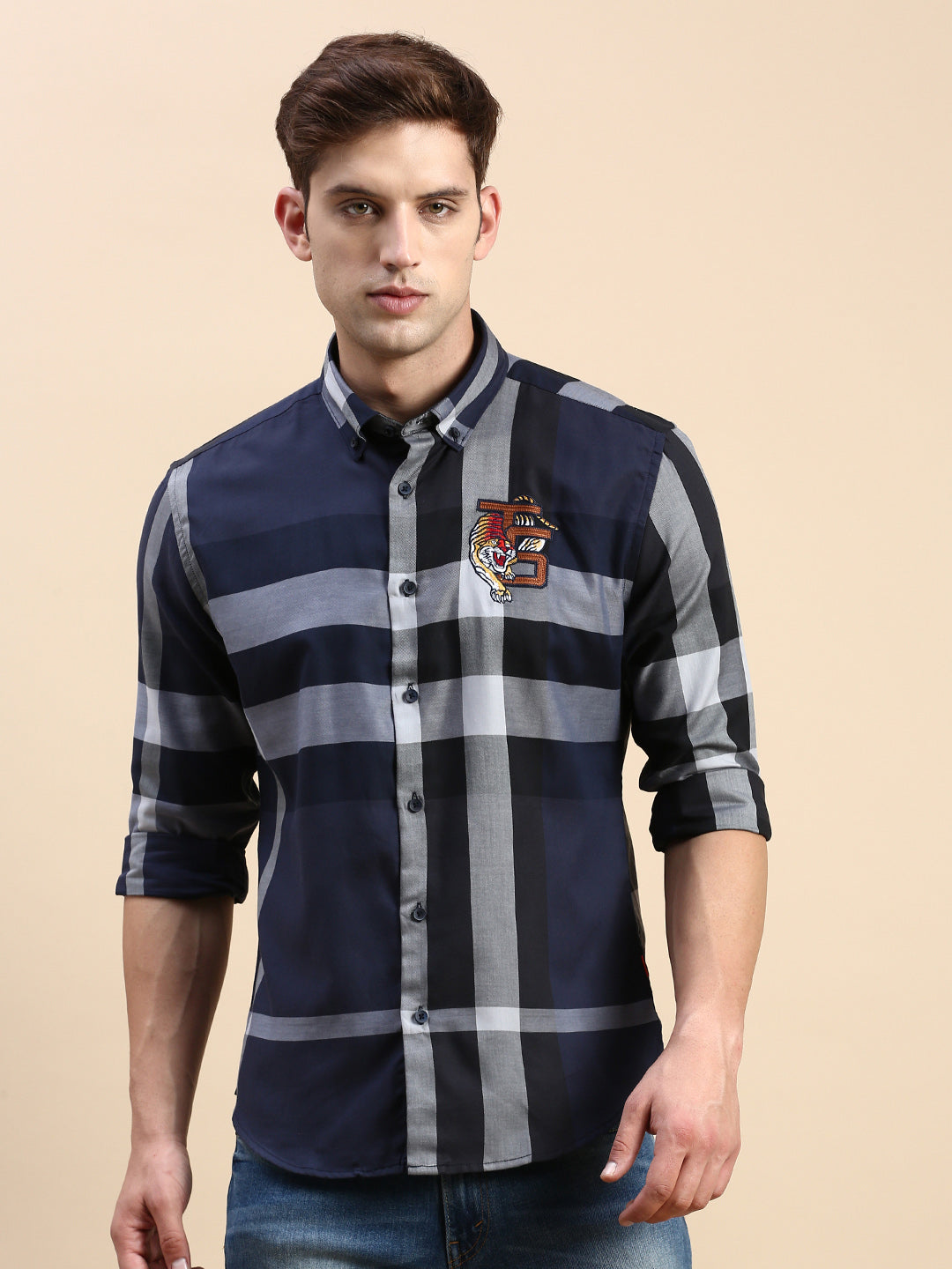 Men Navy Checked Casual Shirt