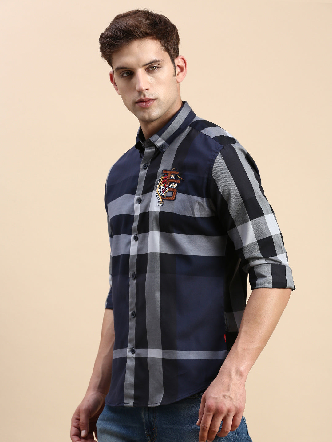 Men Navy Checked Casual Shirt