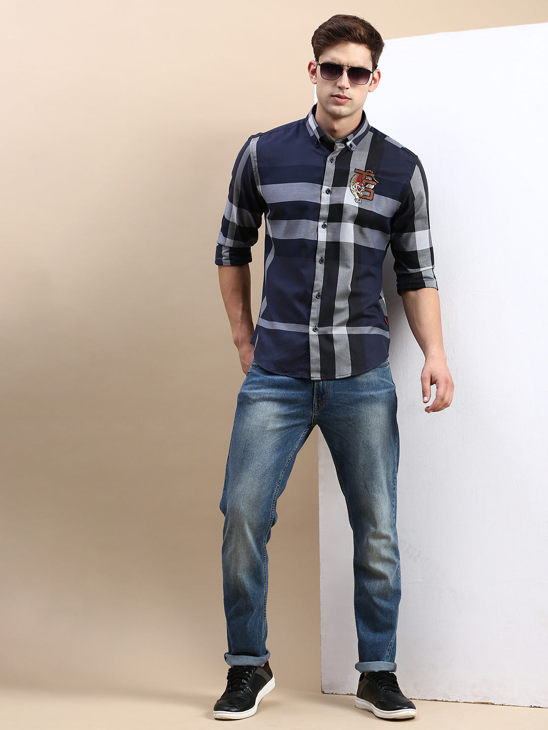 Men Navy Checked Casual Shirt