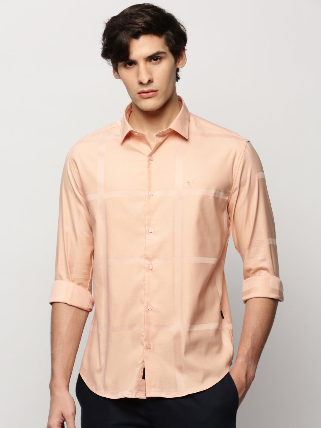 Men Peach Checked Casual Casual Shirts