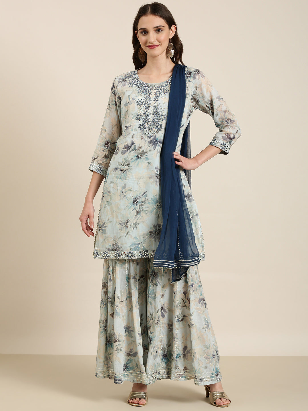 Women Blue Floral Kurta Set