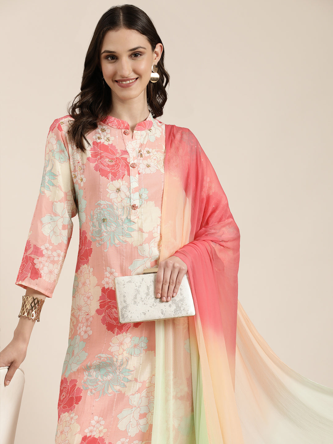 Women Peach Floral Kurta Set