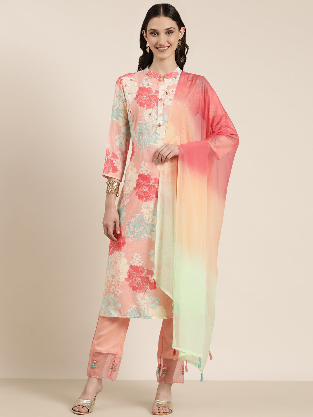 Women Peach Floral Kurta Set