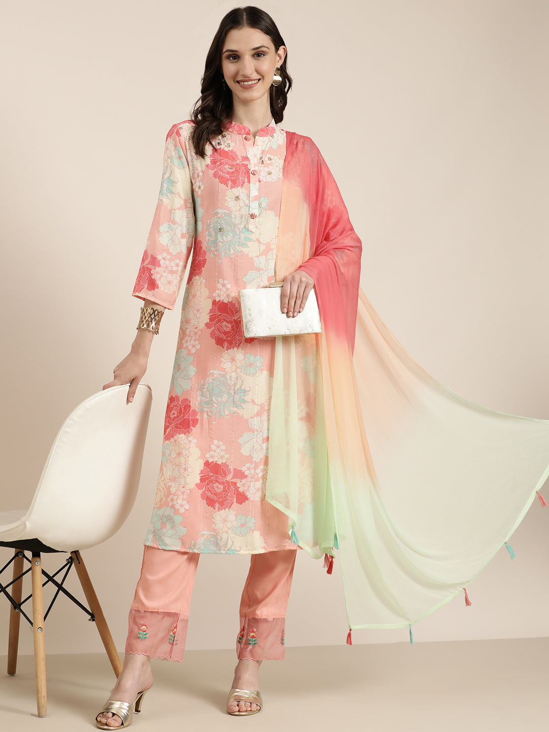 Women Peach Floral Kurta Set