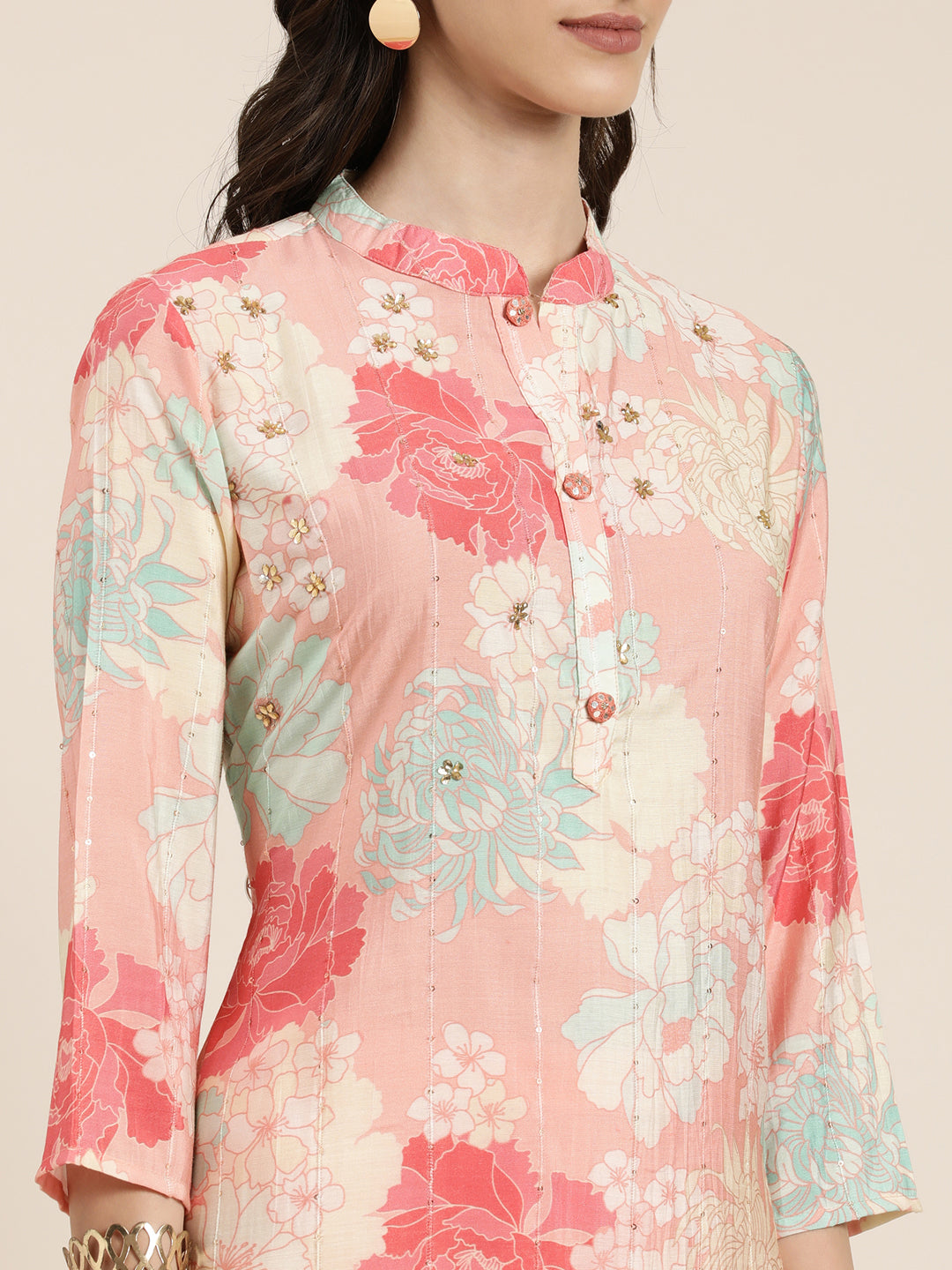 Women Peach Floral Kurta Set