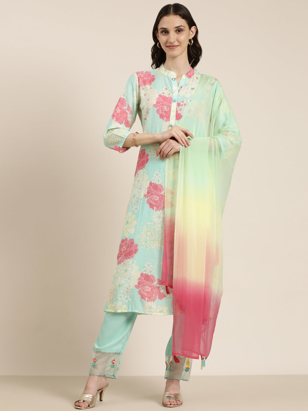 Women Sea Green Floral Kurta Set