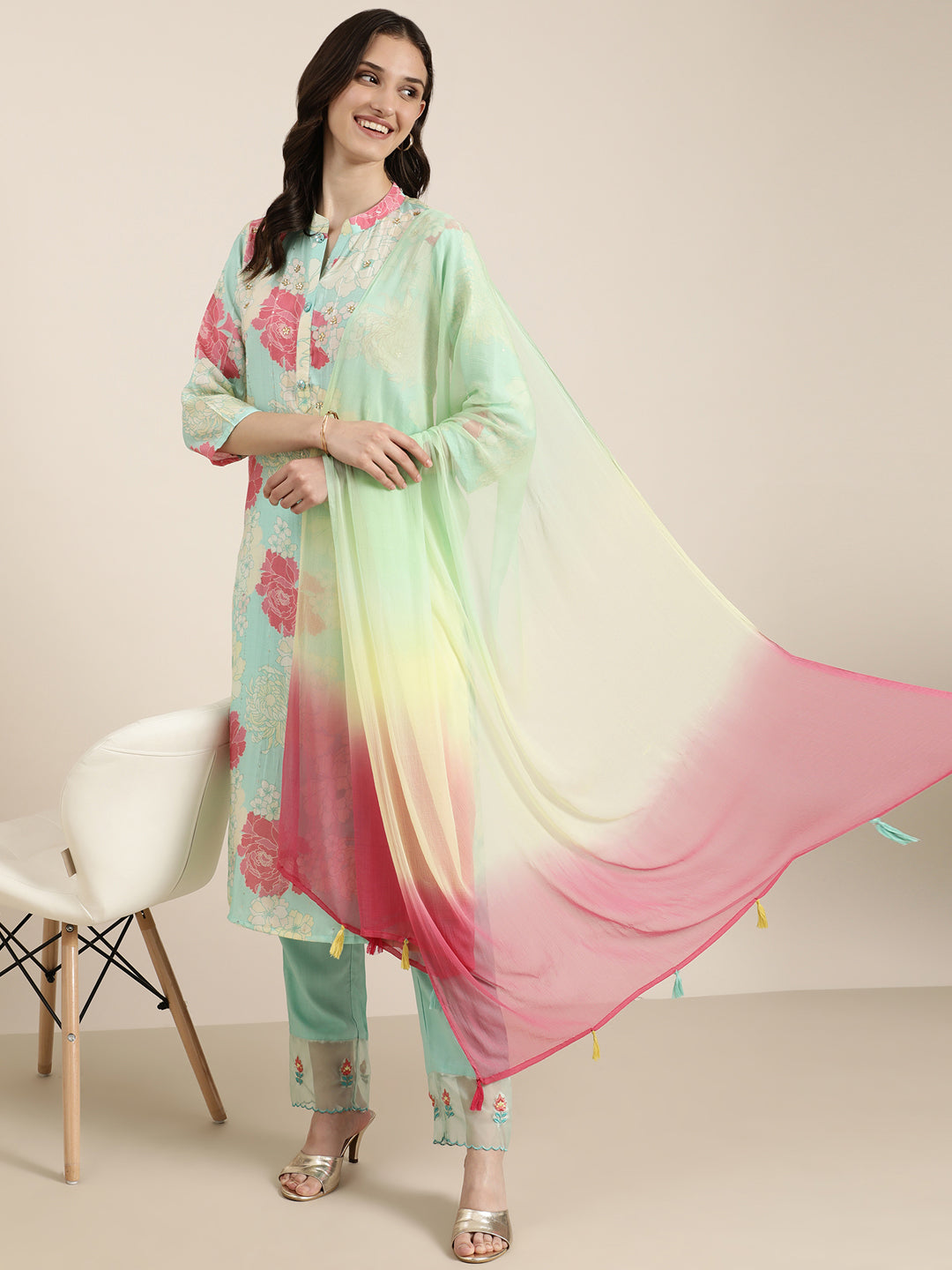 Women Sea Green Floral Kurta Set