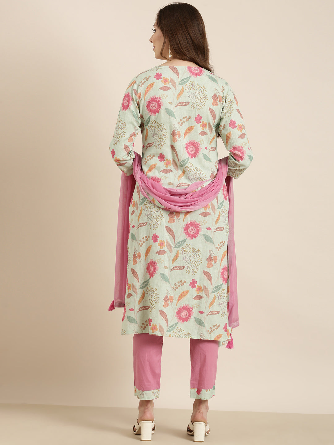 Women Straight Sea Green Floral Kurta and Trousers Set Comes With Dupatta