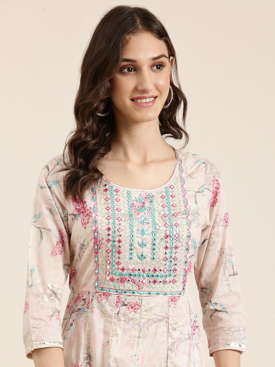 Women Beige Floral Anarkali Kurta