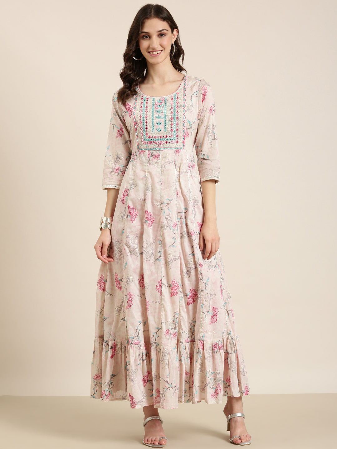 Women Beige Floral Anarkali Kurta