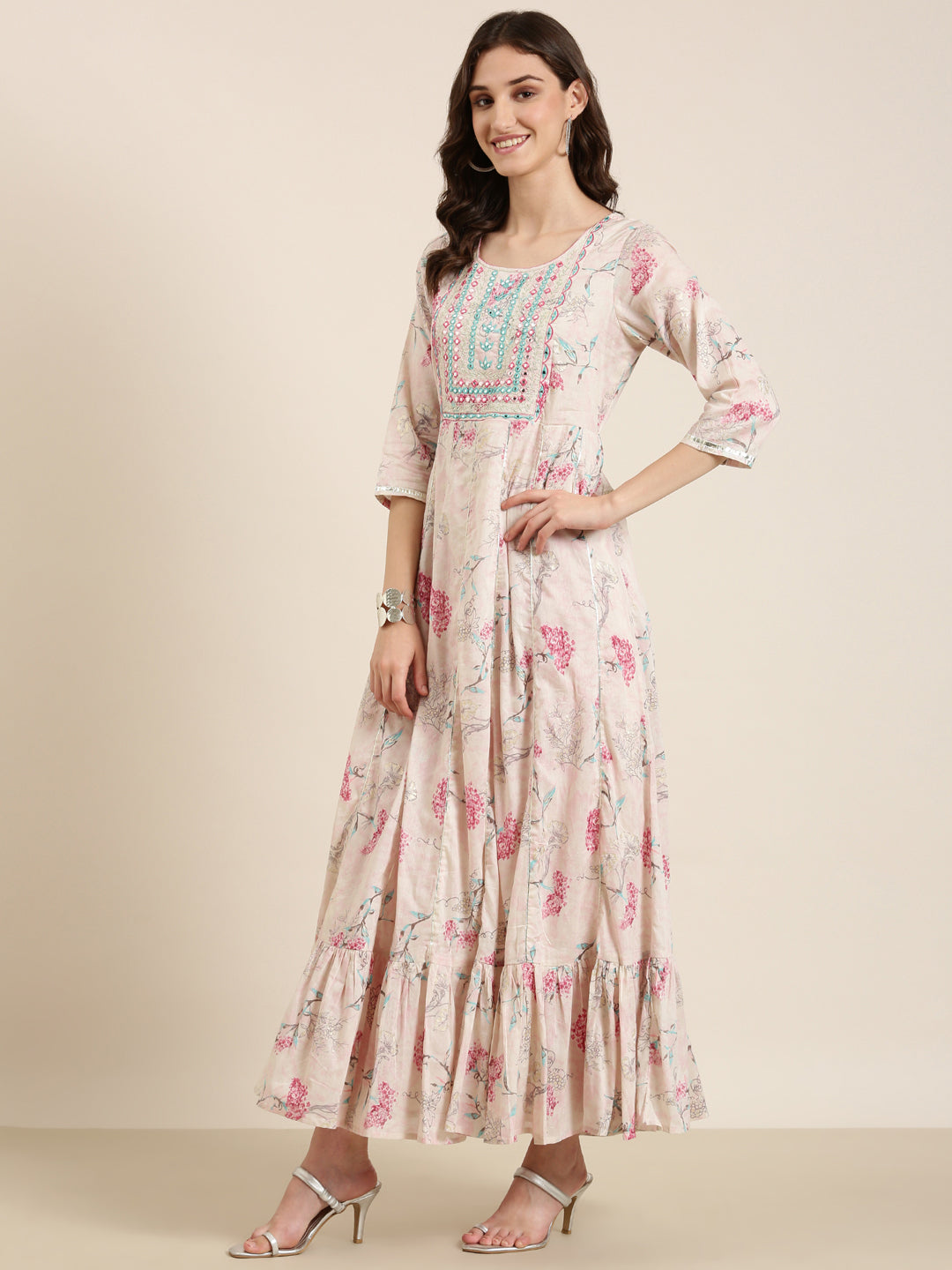 Women Beige Floral Anarkali Kurta