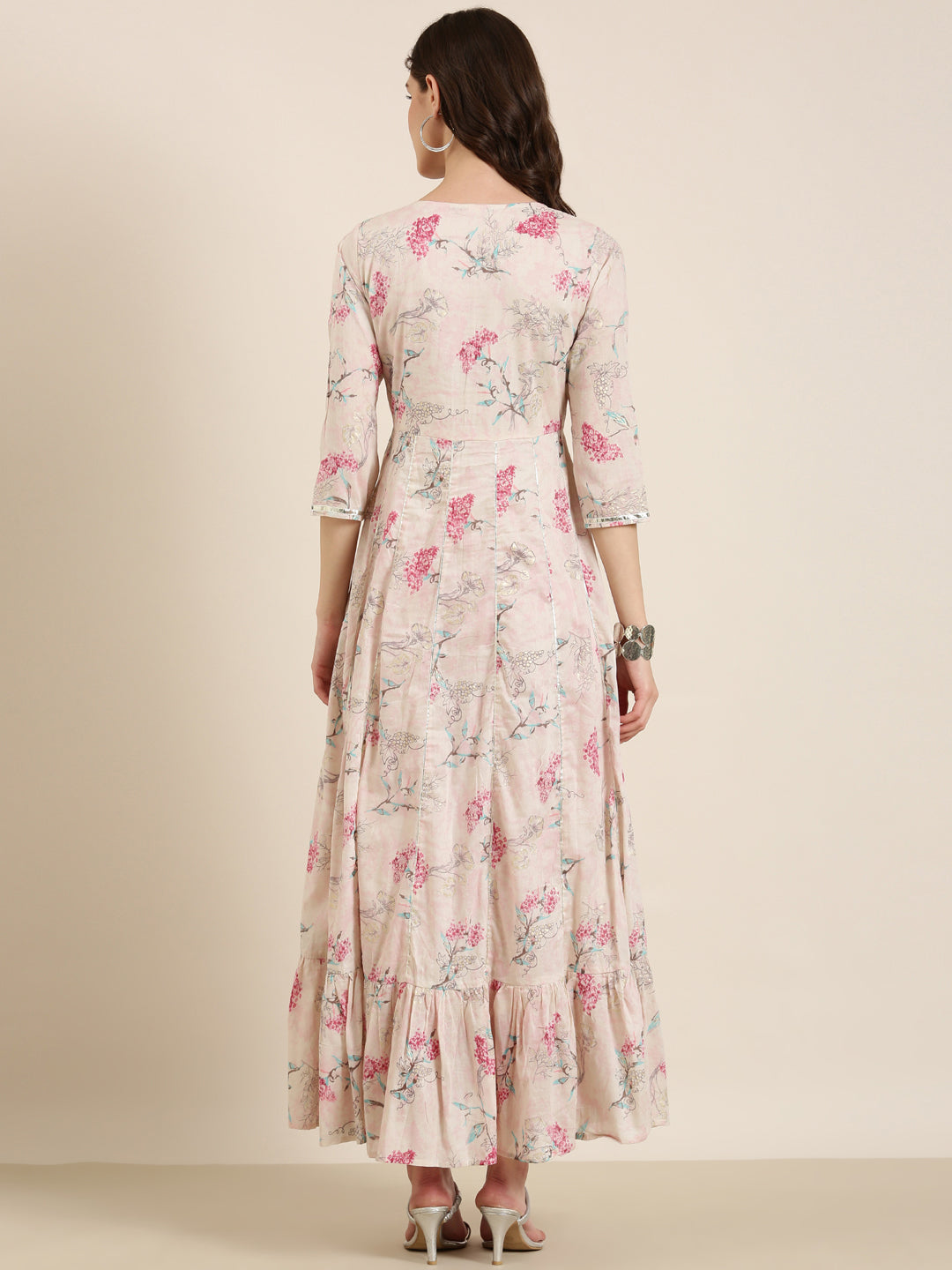 Women Beige Floral Anarkali Kurta