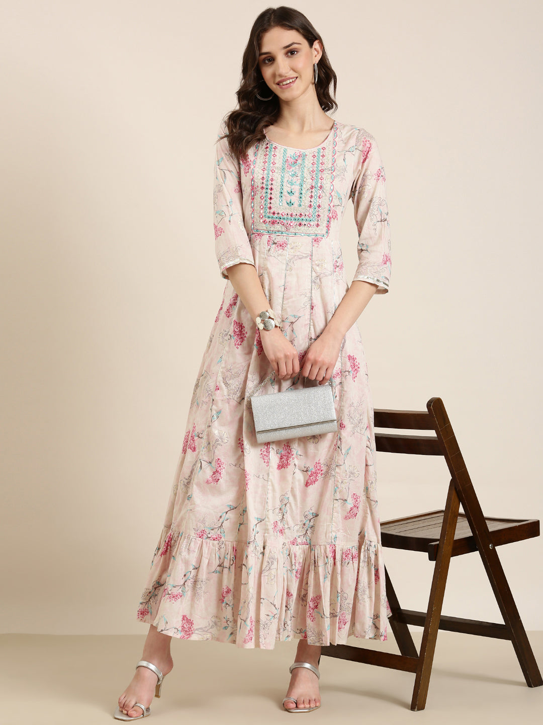 Women Beige Floral Anarkali Kurta