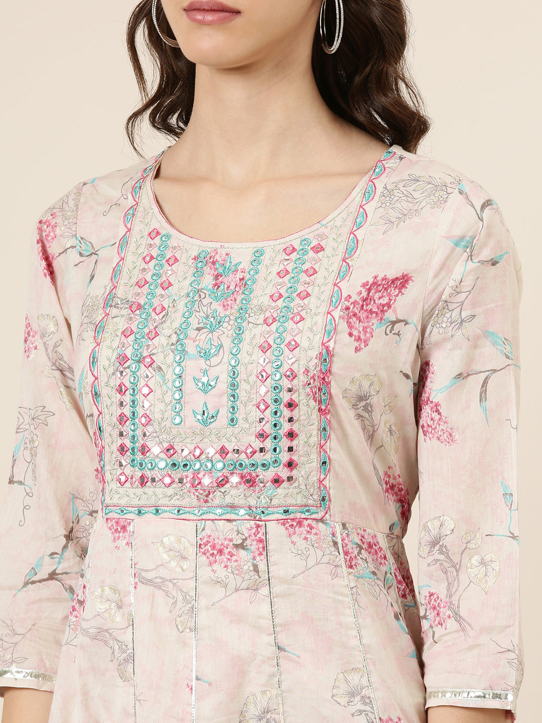 Women Beige Floral Anarkali Kurta