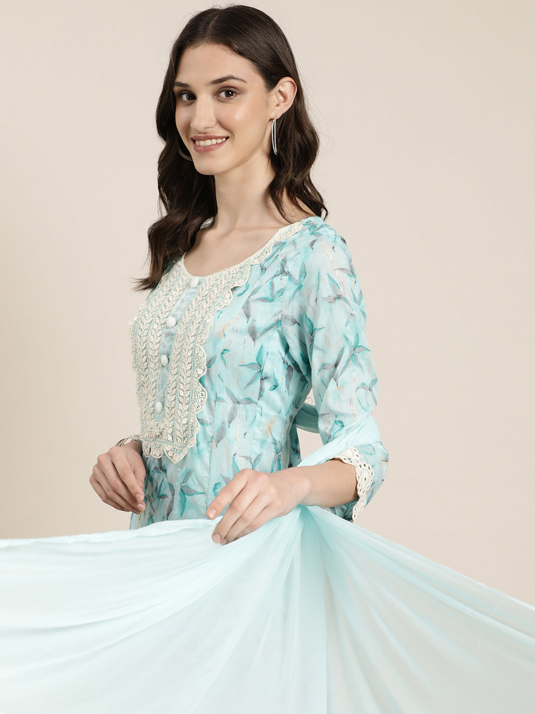 Women Turquoise Blue Floral Kurta Set