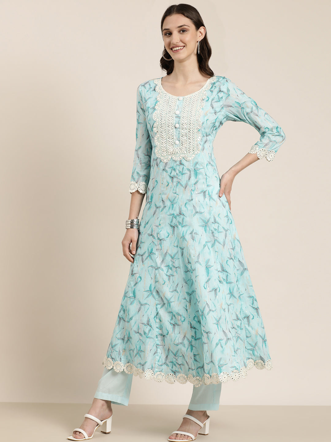 Women Turquoise Blue Floral Kurta Set