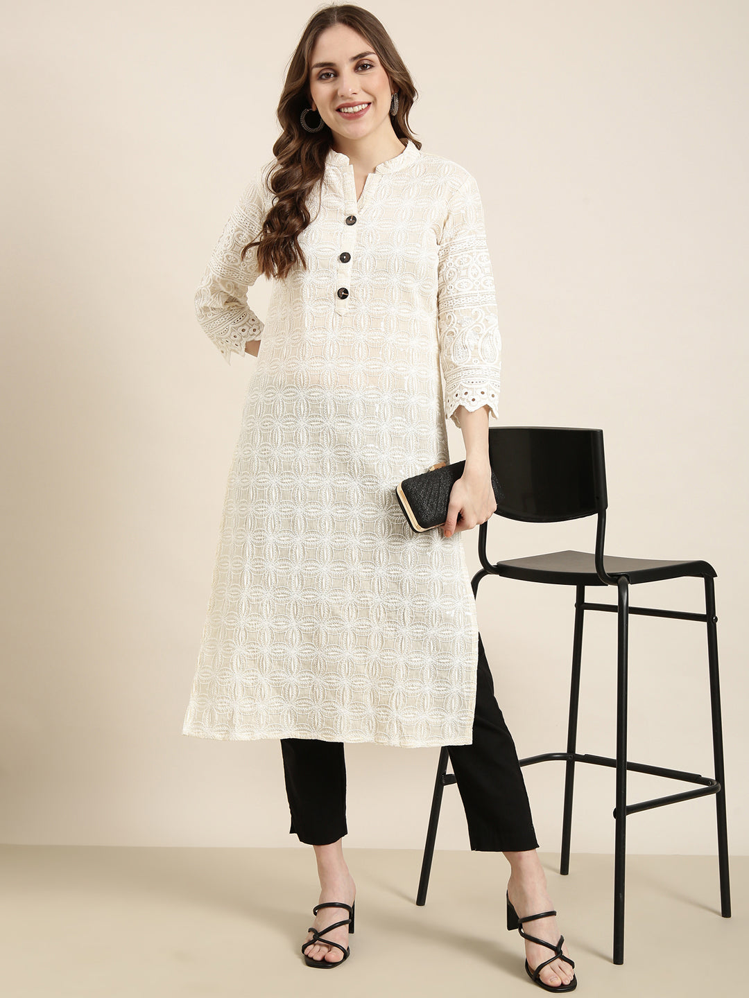 Women Straight Cream Embellished Kurta