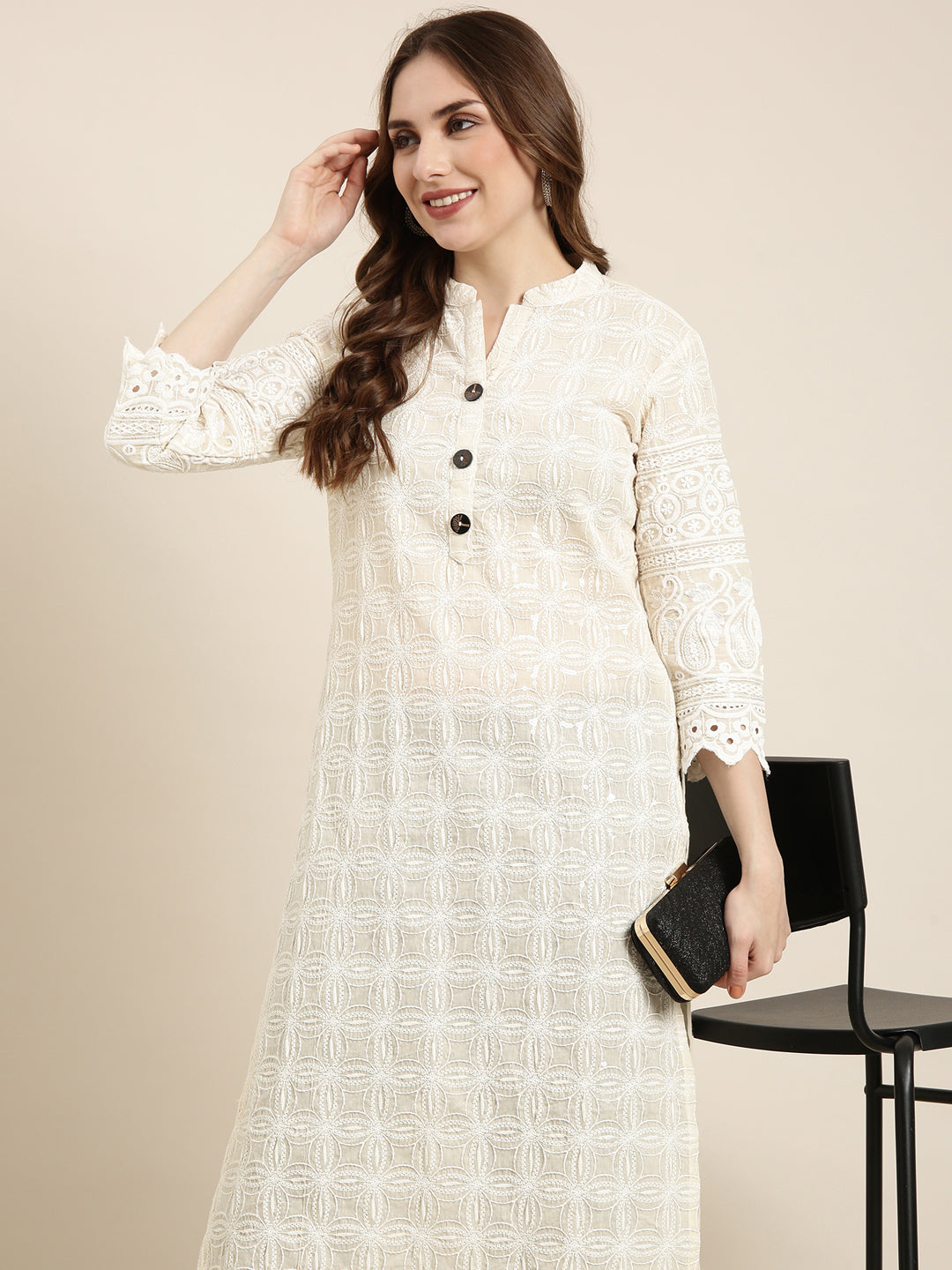 Women Straight Cream Embellished Kurta