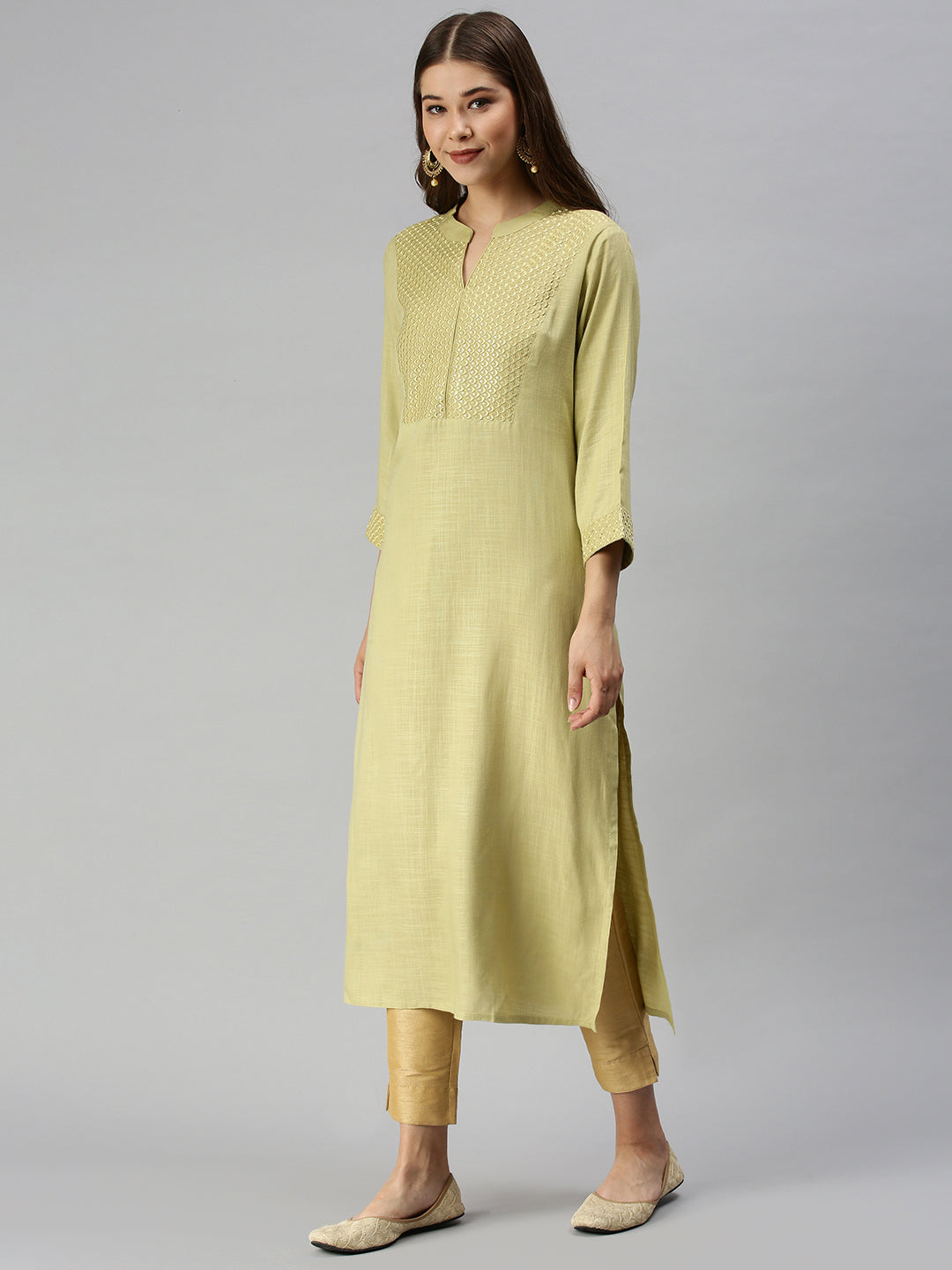 Women's Lime Green Solid Straight Kurta