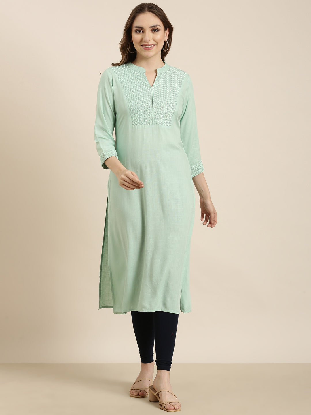 Women Straight Sea Green Solid Kurta