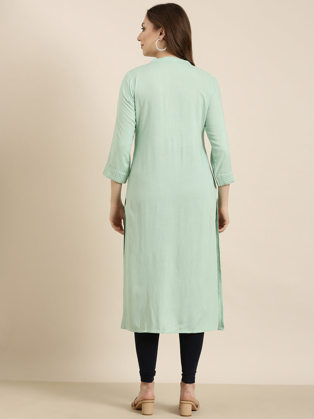 Women Straight Sea Green Solid Kurta