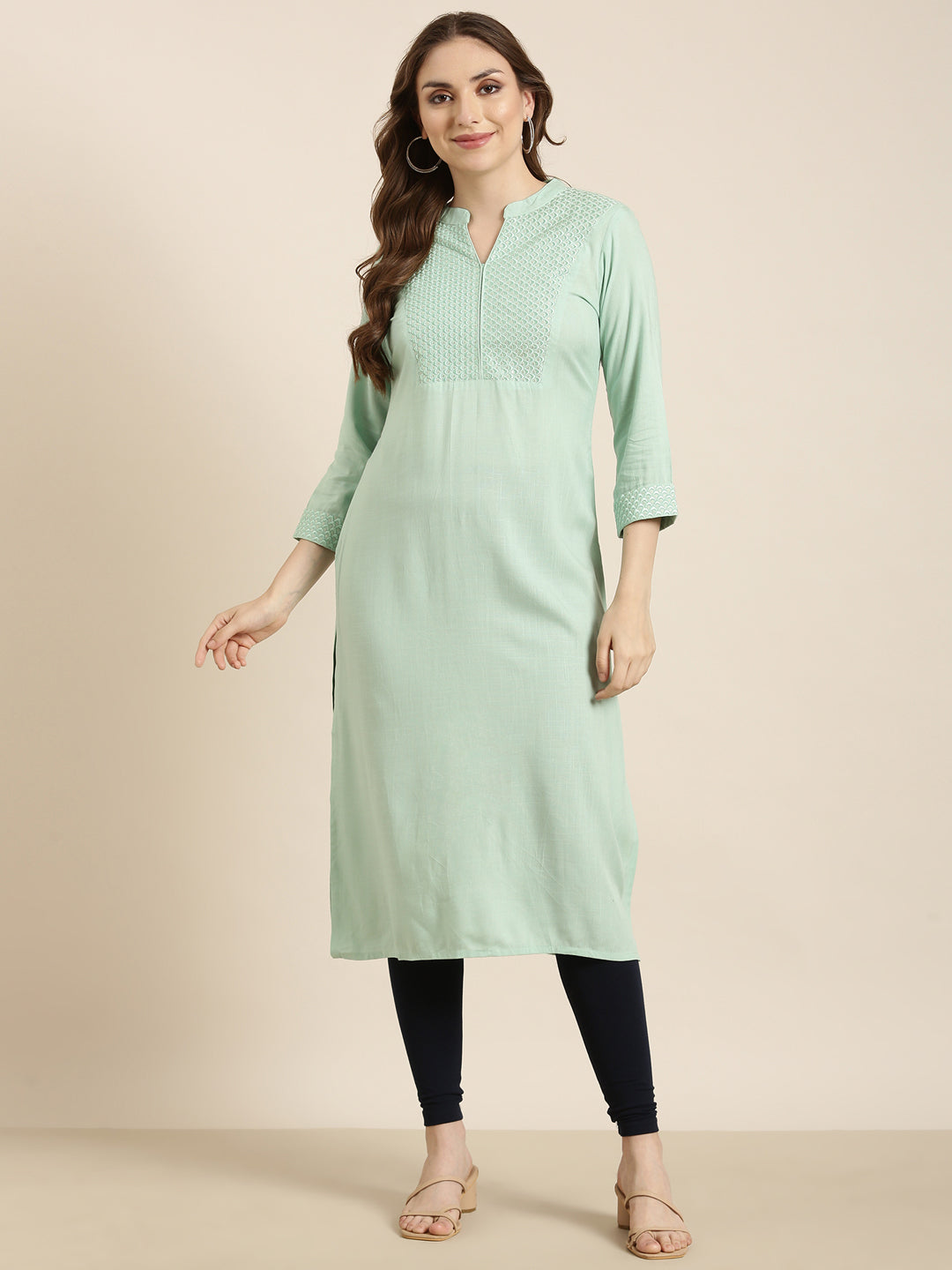 Women Straight Sea Green Solid Kurta