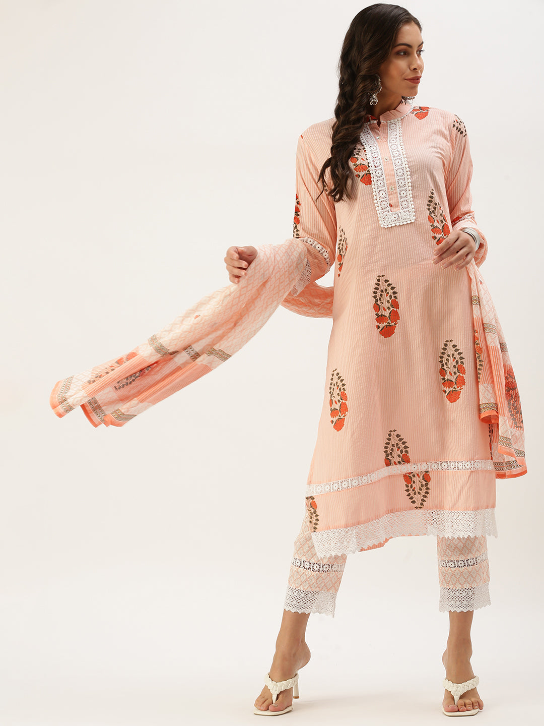 Women's Peach Ethnic Motifs Embroidered Kurta Set with Dupatta