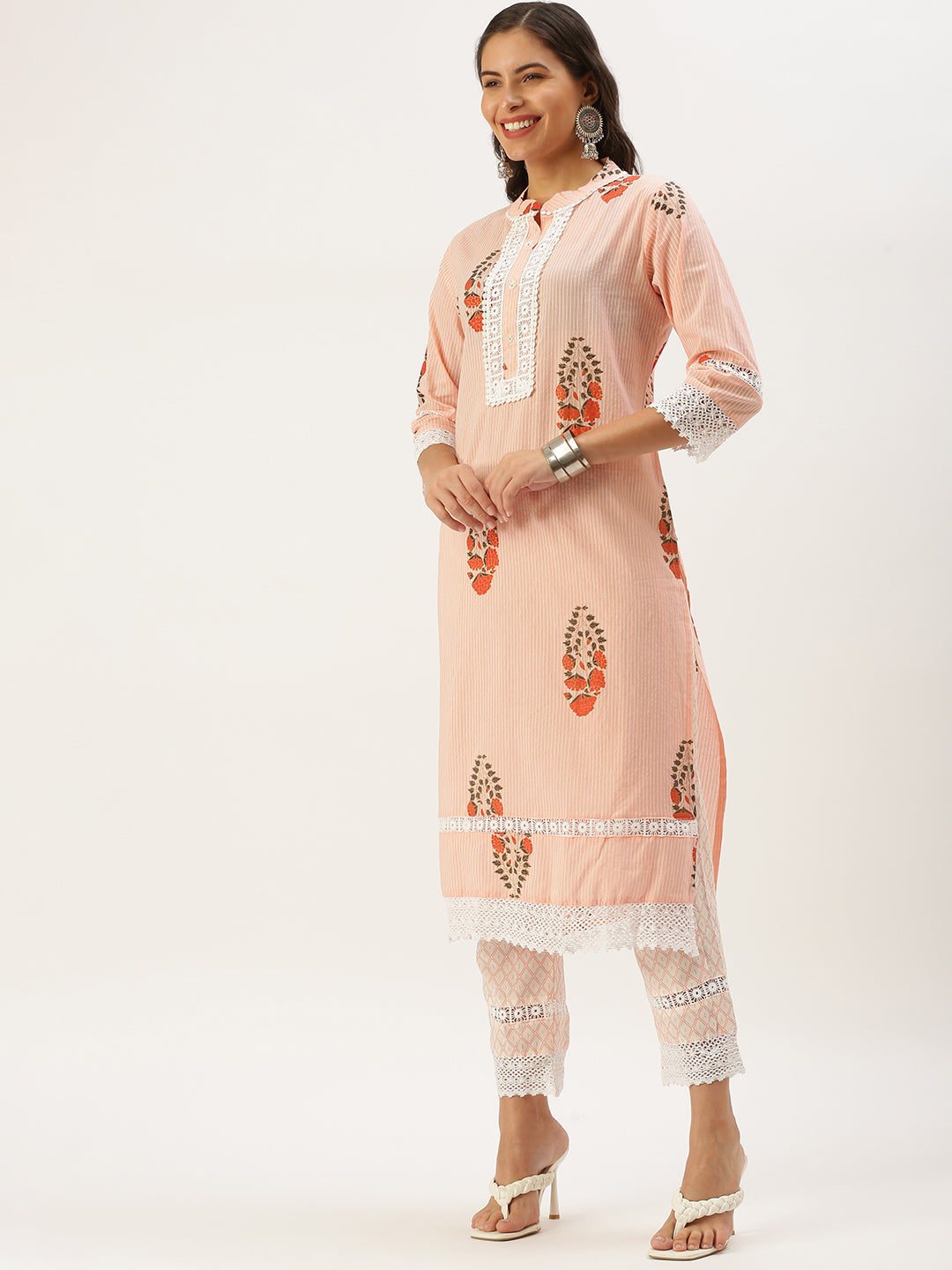 Women's Peach Ethnic Motifs Embroidered Kurta Set with Dupatta