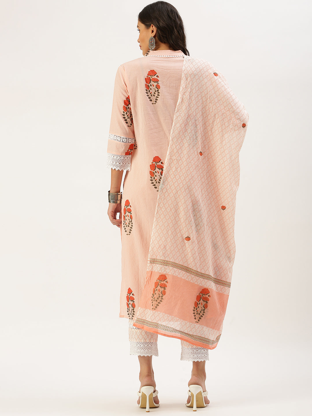 Women's Peach Ethnic Motifs Embroidered Kurta Set with Dupatta