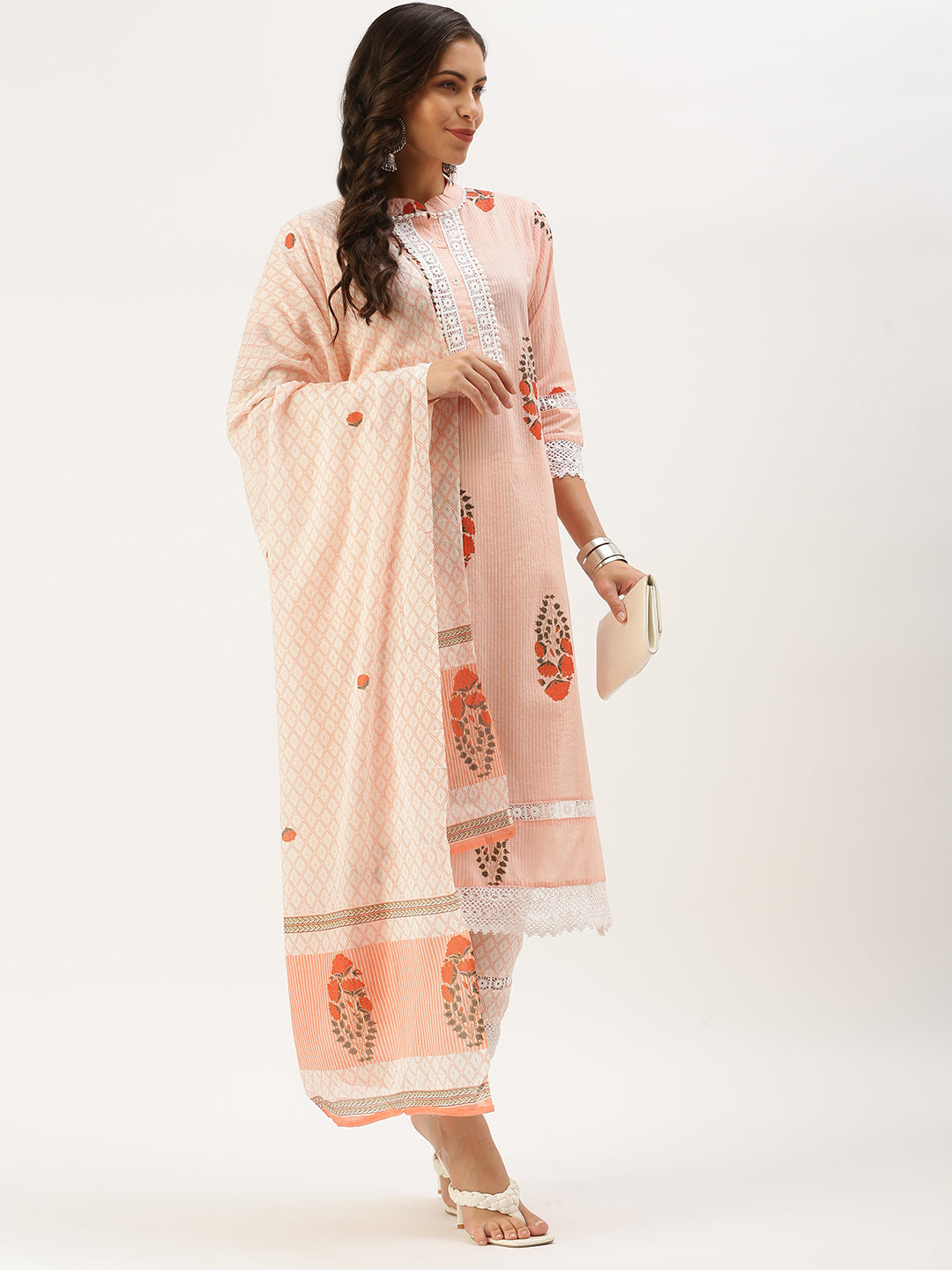Women's Peach Ethnic Motifs Embroidered Kurta Set with Dupatta