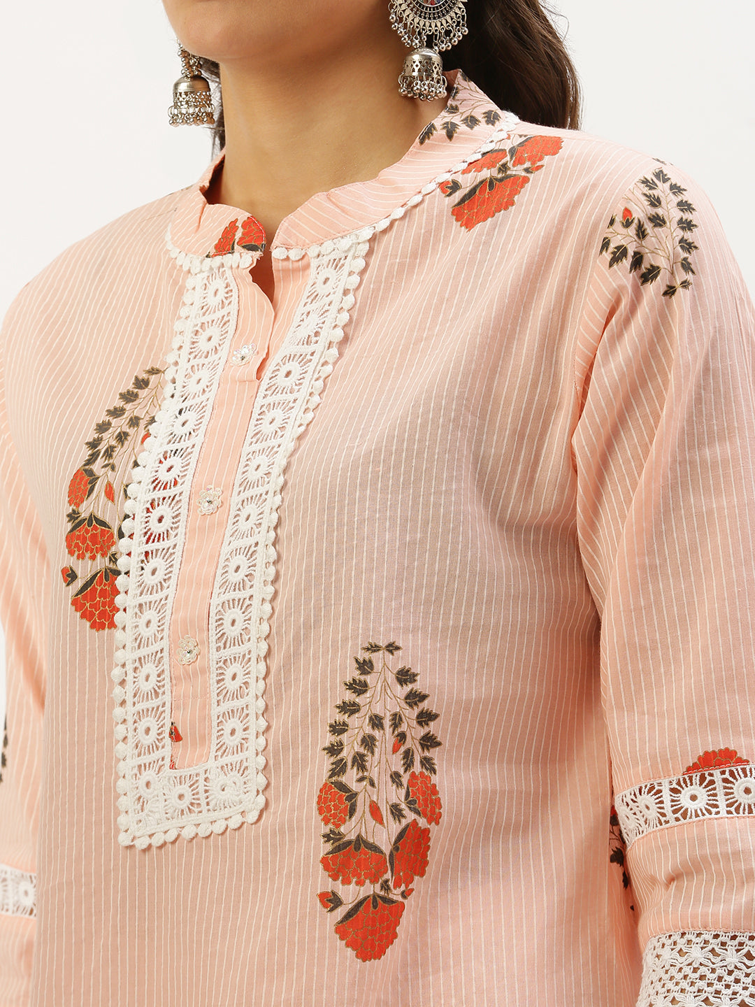 Women's Peach Ethnic Motifs Embroidered Kurta Set with Dupatta