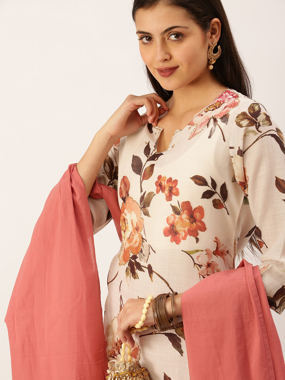 Women's Cream Floral Printed Kurta Sets with Dupatta