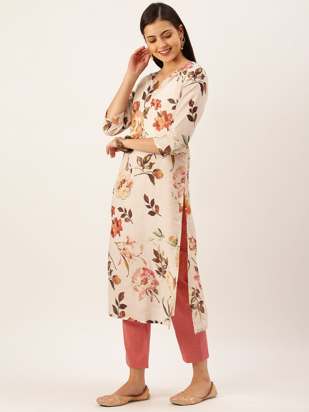 Women's Cream Floral Printed Kurta Sets with Dupatta