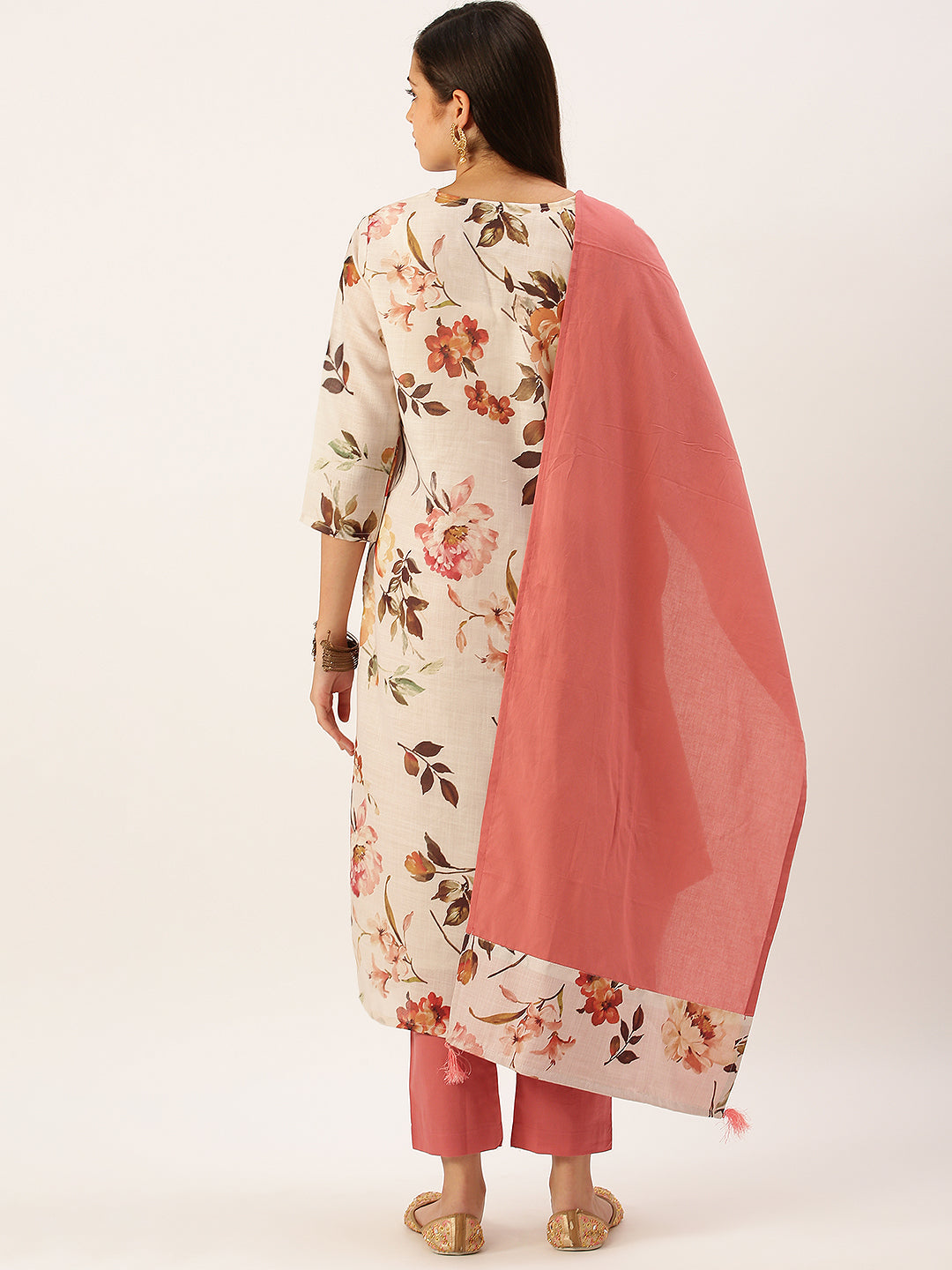 Women's Cream Floral Printed Kurta Sets with Dupatta