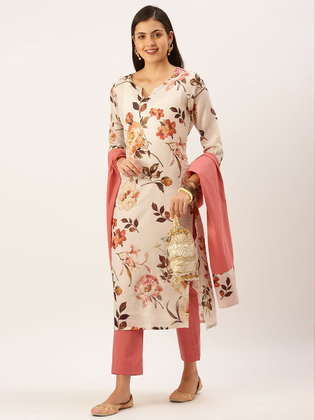 Women's Cream Floral Printed Kurta Sets with Dupatta